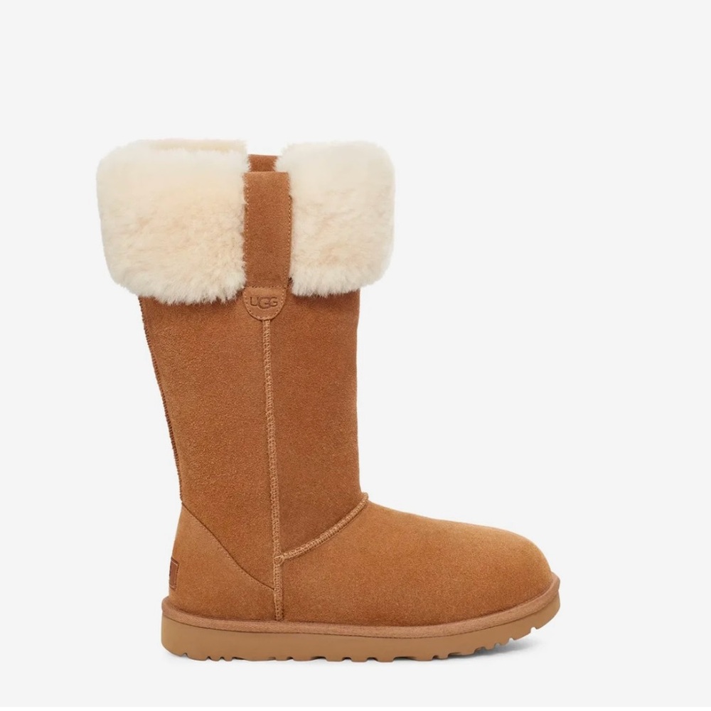 UGG Tall Shearling Cuff Suede Boot - Chestnut with Cream Cuff